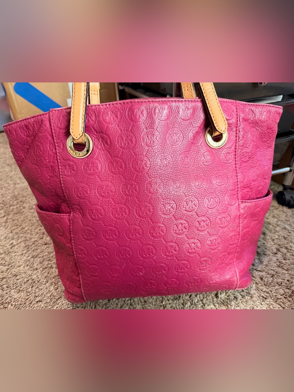Michael Kors Fuchsia Embossed Leather Shoulder Bag with Tan Handles